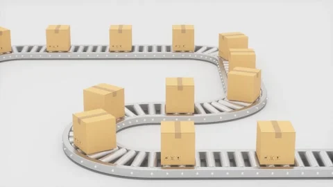 Automated conveyor belt system moving cardboard boxes in a warehouse distri.. Vídeos de archivo 332390780