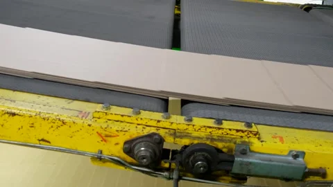 Automated conveyor belt system moving brown corrugated cardboard sheets in .. Видео 337669256