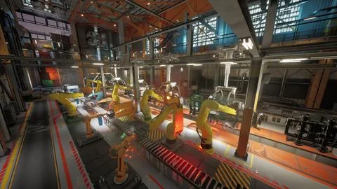 Automated conveyor belt system operating with robotic arms in factory setting Stock Illustration