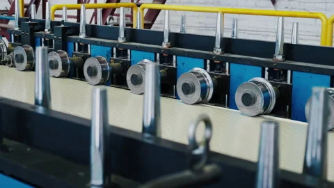 Automated Conveyor Line. Cold rolled Metal. Shaping a Soft Sheet of Metal Stock Footage 211607694