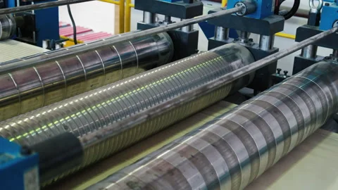 Automated Conveyor Line. Cold Rolled Metal. Press Rollers. Heavy Rollers. Metal Stock Footage 211608041
