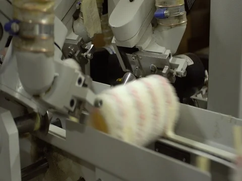 Automated conveyor production of paint rollers in a small factory close-up 4k. Stock Footage 77825636