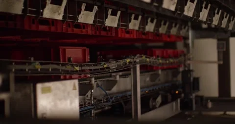 Automated conveyor system moving red plastic crates through a dark industrial Vídeo Stock 340002796