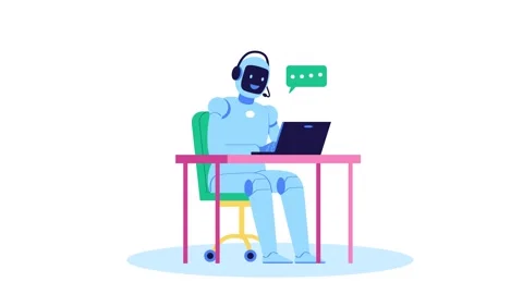 Automated customer support robot operator working on laptop computer digita.. Stock Footage 338365694