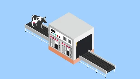 Automated Dairy Processing Factory with Cows and Ice Cream Conveyor Belt 3d.. Stock Footage 337943252