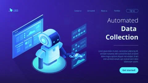 Automated data analysis isometric 3D landing page. Stock Illustration