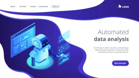 Automated data analysis isometric 3D landing page. Stock Illustration