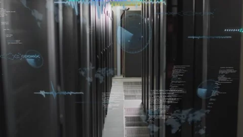 Automated diagnostic initiating in data center aisle, HUD overlays appearing, Stock Footage 333833557