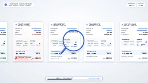 Automated digital document review line process with magnifier glass. 4K Video stock 346213212