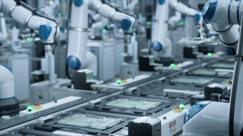Automated Electronics Factory with Robotic Arms Stock Footage 318068359