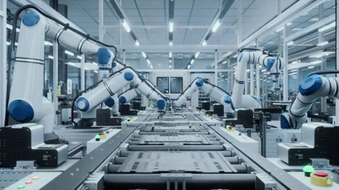 Automated Electronics Factory with Robotic Arms Stock Footage 318068372