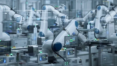 Automated Electronics Factory with Robotic Arms Stock Footage 318068476
