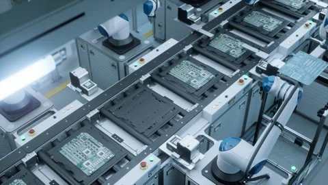 Automated Electronics Factory with Robotic Arms Stock Footage 318068477