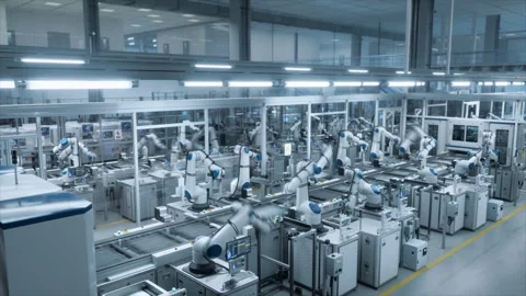 Automated Electronics Factory with Robotic Arms Timelapse Video stock 318068663