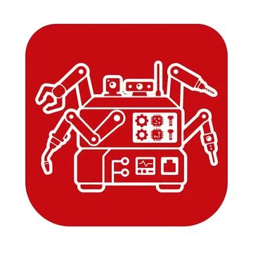 Automated electronics repair station red vector icon featuring robotic arms. Stock Illustration