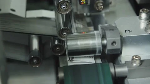 Automated equipment is pressing the instructions in russian with medicine Stock Footage 200856818