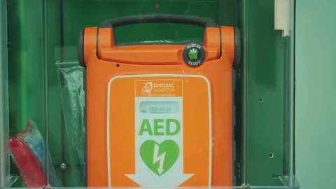 Automated external defibrillator AED box at the station, public place. Stock Footage 321949363