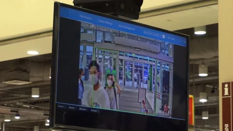 Automated facial Recognition camera takes temperature measurement of people. Stock Footage