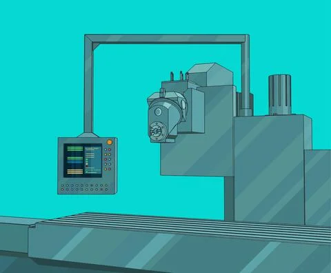 Automated factory line with control panel Ilustración de archivo