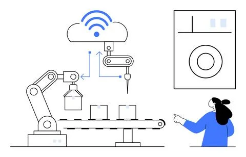 Automated Factory Process with Robotic Arm and Cloud Connectivity Stock Illustration