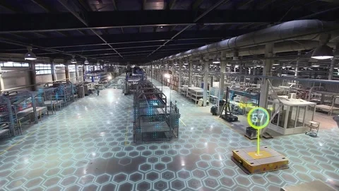 Automated factory with self-managed robots. Autonomous mobile robots, Stock-Footage 222046582