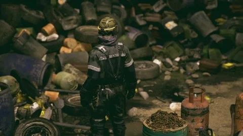 Automated guardian overseeing polluted scrapyard environment Stock Footage 329942848