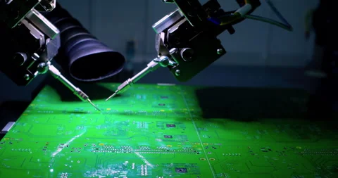 An automated high-precision machine assembles an electronic Stock Footage 332995608