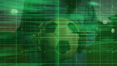 Automated HUD scanning and isolating soccer ball, revealing woman with headset Stock Footage 330563830