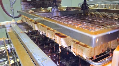 Automated industrial pusher machine soaking tofu blocks into brine on a conveyor Video stock 330598252
