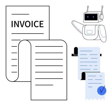 Automated Invoice Processing with Robotics and Digital Receipts Concept Desig Stock Illustration