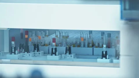 An automated lab line moving in circle, both with test tubes and with empty Stock Footage 233072810