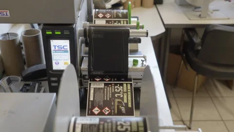 Automated labeling machine printing antifreeze stickers in a chemical plant Stock Footage 337799462
