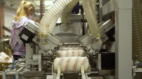 Automated line for production of paint rollers close-up 4k. Stock Footage 77825144