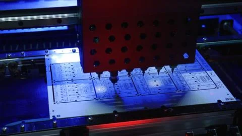 Automated machine assembling electronic components on circuit board Stock Photos