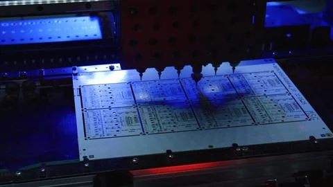 Automated machine assembling electronic components on circuit board in factor Stock Photos