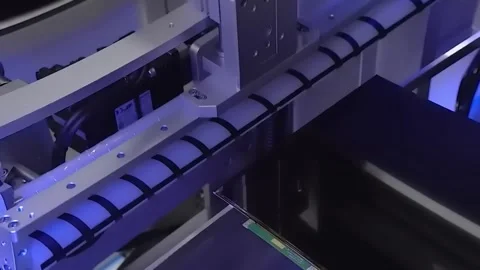 Automated machine with cable chain over laptop display panel Stock Footage 347981362