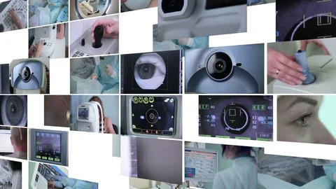 Automated machine examining eyeball. Modern eye examination background. Split Stock Footage 72745563