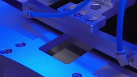Automated machine with fixture in blue light Stock Footage 347981373
