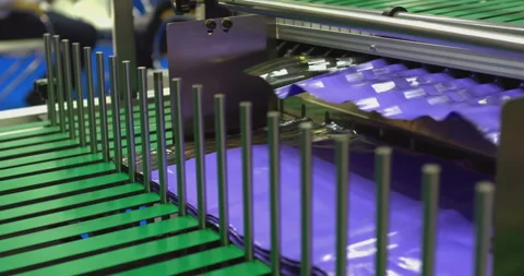 Automated machine folding purple plastic film on production line Video stock 302256269