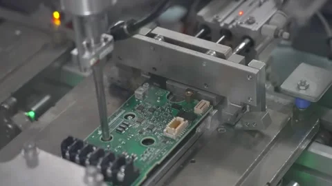 Automated machine performing functional testing on small PCB board with Stock Footage 334690463