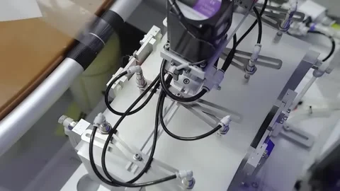 Automated machine with pneumatic suction cups on laptop production line Stockbeeldmateriaal 347981355