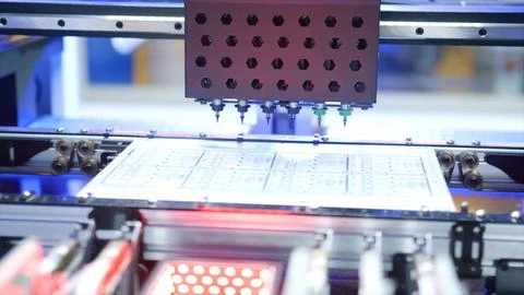 Automated machine processing circuit board in electronics factory Stock Photos