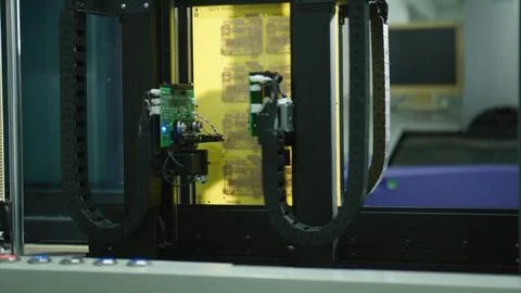 Automated machine processing circuit boards in electronics factory Stock Photos
