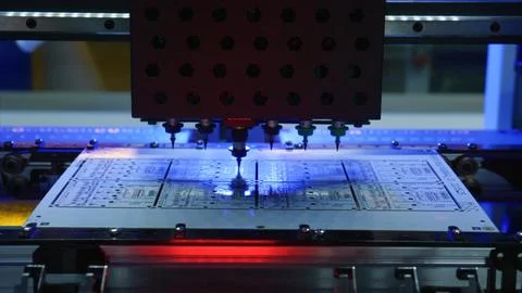 Automated machine processing circuit boards in electronics factory Stock Photos