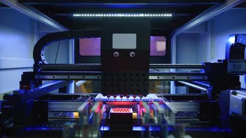 Automated machine processing components on production line in factory Stock Photos