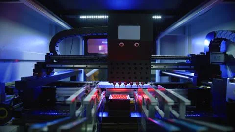 Automated machine processing components on production line in factory Stock Photos