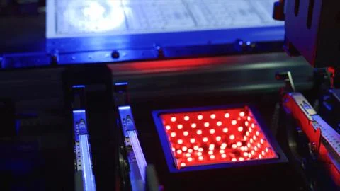 Automated machine processing components with red and blue lights Stock Photos