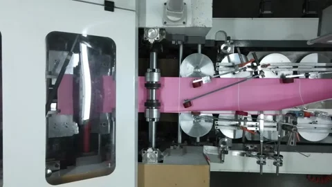 Automated machine for processing polyethylene film. Packaging production concept Stock Footage 307178217