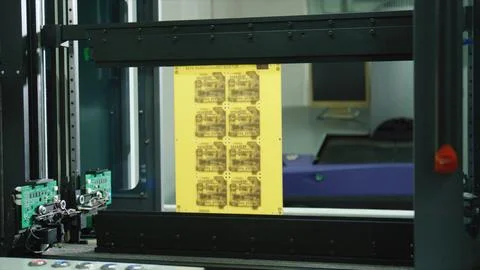 Automated machine processing printed circuit boards in electronics factory Stock Photos