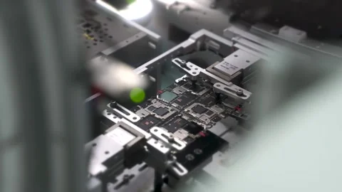 Automated machine processing smartphone motherboards Видео 347981404